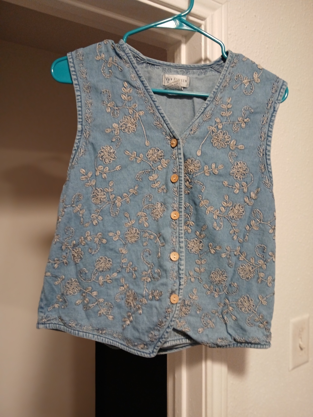Van Heusen Women's Vintage Light Blue Denim Vest with Cream Floral Embroidery